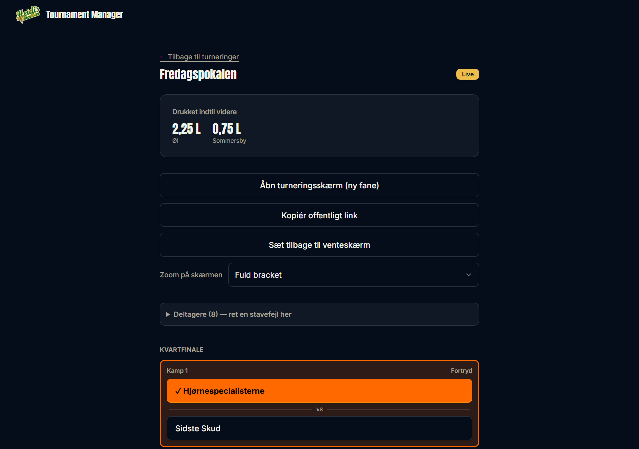 Administrationsside mens turneringen er live